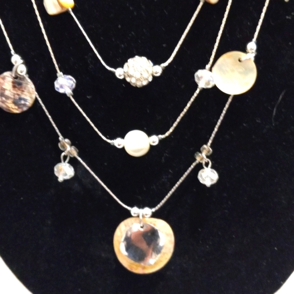 Abalone, Rhinestones, Pearlized Beads on Silver Tone Chain,3 Strand Neckless - Picture 2 of 6